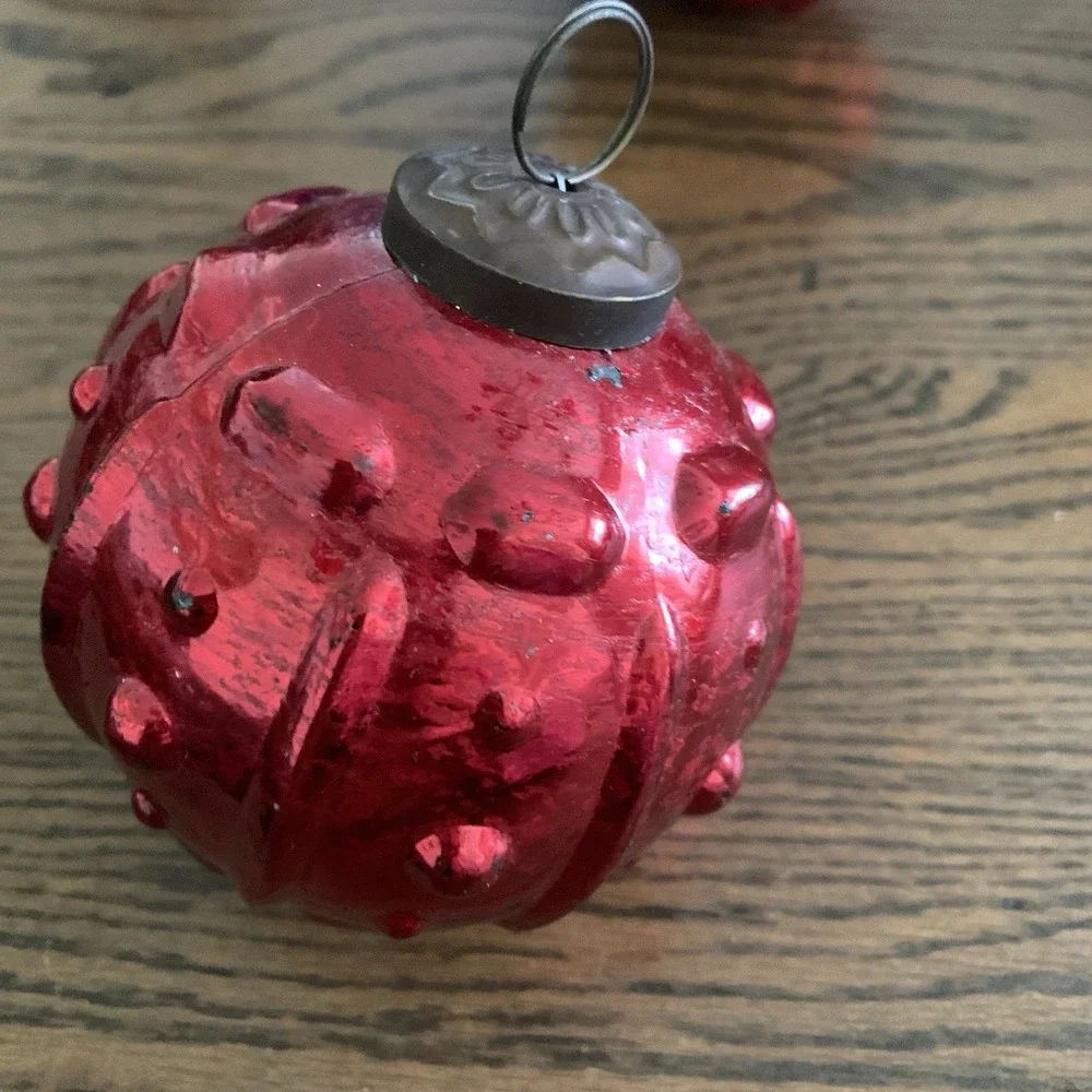 2 Vintage Red Mercury Heavy Glass Kugel‎ Style Christmas Ornaments 5